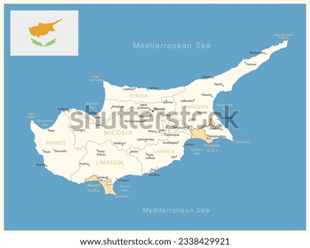 Cyprus - detailed map with administrative divisions and country flag. Vector illustration