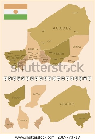 Niger - detailed map of the country in brown colors, divided into regions. Vector illustration