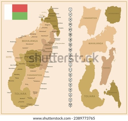 Madagascar - detailed map of the country in brown colors, divided into regions. Vector illustration