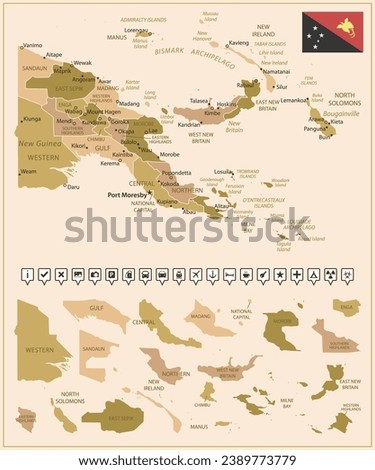 Papua New Guinea - detailed map of the country in brown colors, divided into regions. Vector illustration