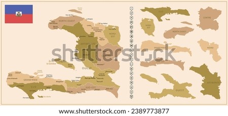 Haiti - detailed map of the country in brown colors, divided into regions. Vector illustration