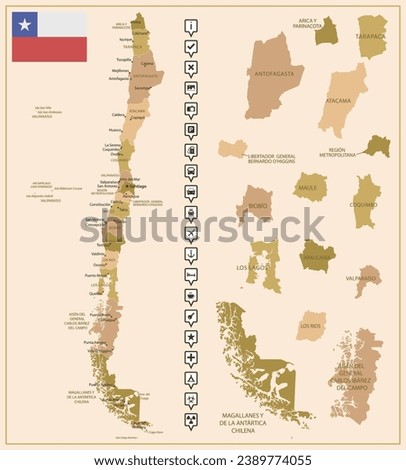 Chile - detailed map of the country in brown colors, divided into regions. Vector illustration