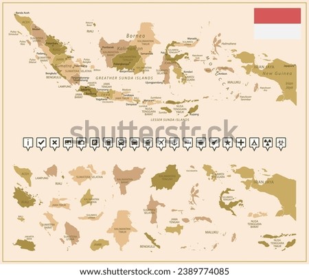 Indonesia - detailed map of the country in brown colors, divided into regions. Vector illustration