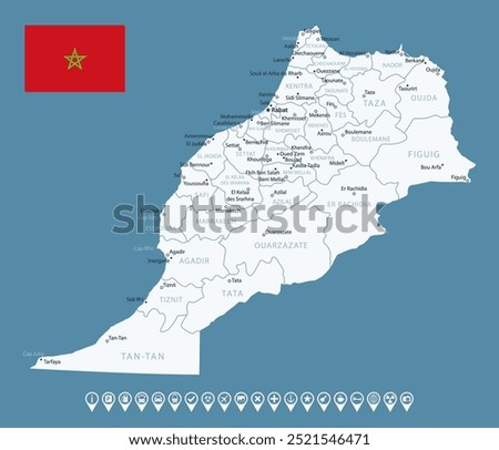 Morocco - detailed blue country map with cities and regions. Infographic icons. Vector illustration