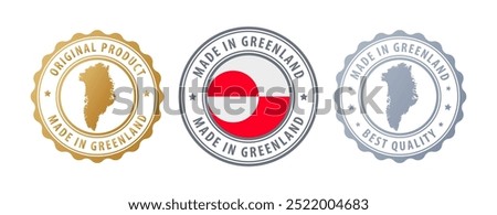 Made in Greenland - set of stamps with map and flag. Best quality. Original product. Vector illustration