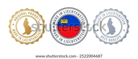 Made in Liechtenstein - set of stamps with map and flag. Best quality. Original product. Vector illustration