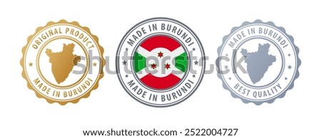 Made in Burundi - set of stamps with map and flag. Best quality. Original product. Vector illustration