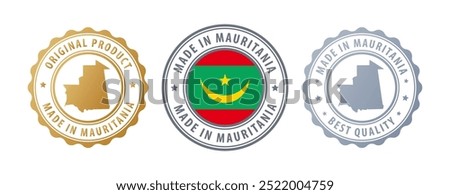 Made in Mauritania - set of stamps with map and flag. Best quality. Original product. Vector illustration