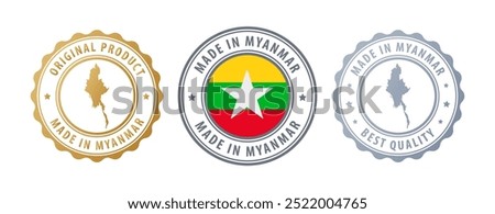 Made in Myanmar - set of stamps with map and flag. Best quality. Original product. Vector illustration