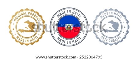 Made in Haiti - set of stamps with map and flag. Best quality. Original product. Vector illustration