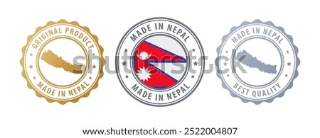 Made in Nepal - set of stamps with map and flag. Best quality. Original product. Vector illustration