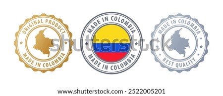 Made in Colombia - set of stamps with map and flag. Best quality. Original product. Vector illustration