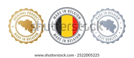 Made in Belgium - set of stamps with map and flag. Best quality. Original product. Vector illustration