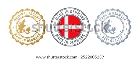 Made in Denmark - set of stamps with map and flag. Best quality. Original product. Vector illustration