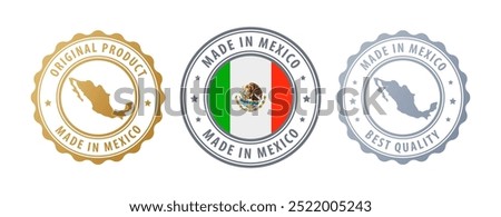 Made in Mexico - set of stamps with map and flag. Best quality. Original product. Vector illustration