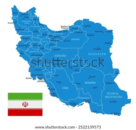 Iran - detailed blue country map with cities, regions, location on world map and globe. Infographic icons. illustration