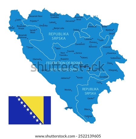 Bosnia and Herzegovina - detailed blue country map with cities and regions. Vector illustration.