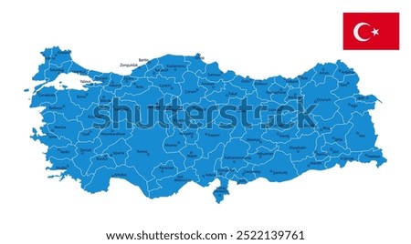 Turkey - detailed blue country map with cities and regions. Vector illustration.