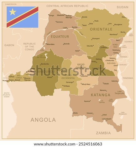 Democratic Republic of the Congo - detailed map of the country in brown colors, divided into regions. Vector illustration