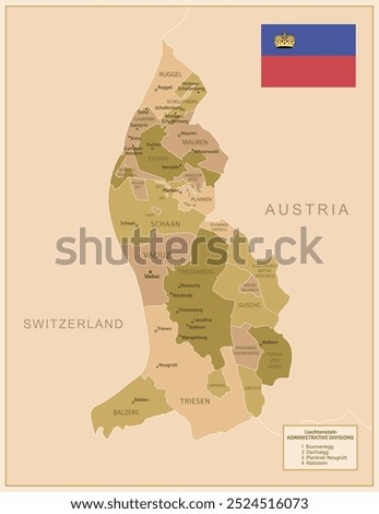 Liechtenstein - detailed map of the country in brown colors, divided into regions. Vector illustration