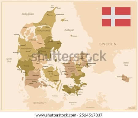 Denmark - detailed map of the country in brown colors, divided into regions. Vector illustration