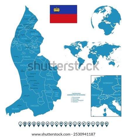 Liechtenstein - detailed blue country map with cities, regions. Location on world map and globe. Infographic icons. Vector illustration.