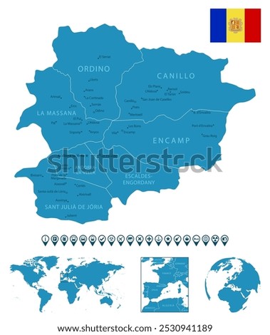 Andorra - detailed blue country map with cities, regions. Location on world map and globe. Infographic icons. Vector illustration.