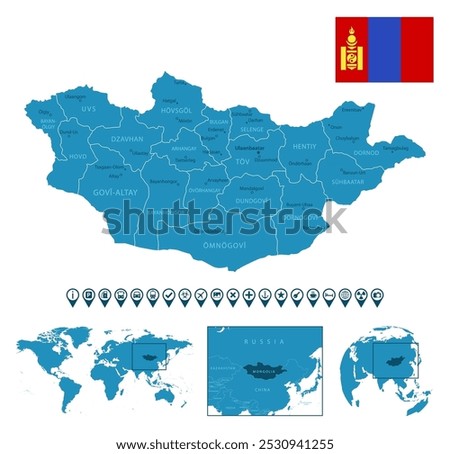 Mongolia - detailed blue country map with cities, regions, location on world map and globe. Infographic icons. Vector illustration