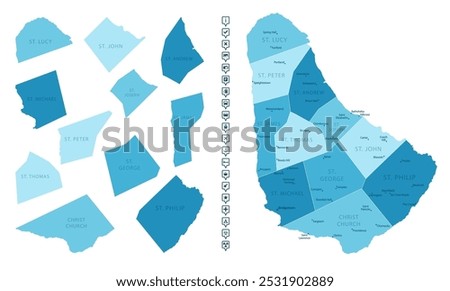 Barbados - detailed map of the country in blue colors, divided into regions. Infographic icons. Vector illustration.