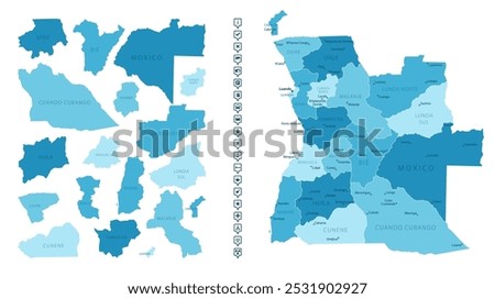 Angola - detailed map of the country in blue colors, divided into regions. Infographic icons. Vector illustration.