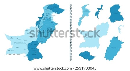 Pakistan - detailed map of the country in blue colors, divided into regions. Infographic icons. Vector illustration.