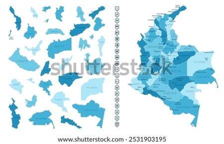 Colombia - detailed map of the country in blue colors, divided into regions. Infographic icons. Vector illustration.