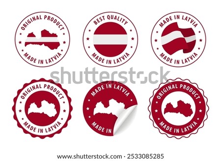 Made in Latvia - set of labels, stamps, badges, with the Latvia map and flag. Best quality. Original product. Vector illustration