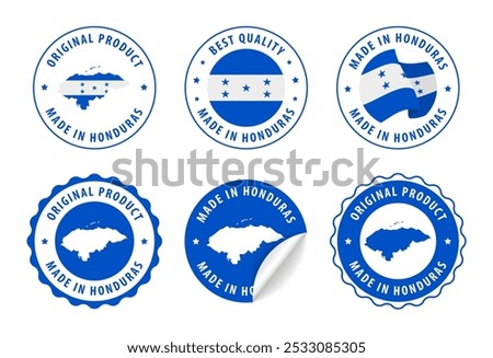 Made in Honduras - set of labels, stamps, badges, with the Honduras map and flag. Best quality. Original product. Vector illustration