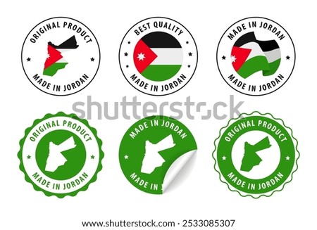 Made in Jordan - set of labels, stamps, badges, with the Jordan map and flag. Best quality. Original product. Vector illustration