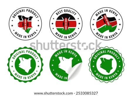 Made in Kenya - set of labels, stamps, badges, with the Kenya map and flag. Best quality. Original product. Vector illustration