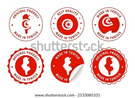 Made in Tunisia - set of labels, stamps, badges, with the Tunisia map and flag. Best quality. Original product. Vector illustration