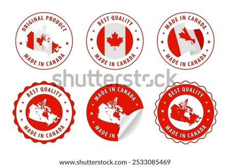 Made in Canada - set of stamps and stickers with map and flag. Best quality. Original product. Vector illustration.