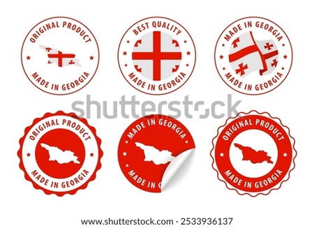 Made in Georgia - set of labels, stamps, badges, with the Georgia map and flag. Best quality. Original product. Vector illustration