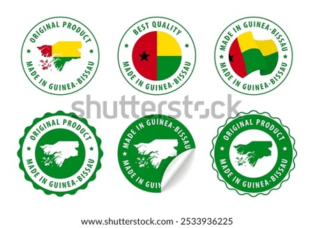 Made in Guinea-Bissau - set of stamps and stickers with map and flag. Best quality. Original product. Vector illustration.