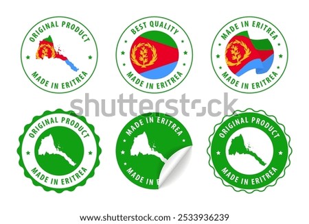 Made in Eritrea - set of labels, stamps, badges, with the Eritrea map and flag. Best quality. Original product. Vector illustration