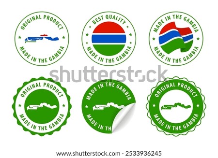 Made in Gambia - set of stamps and stickers with map and flag. Best quality. Original product. Vector illustration.