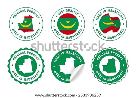 Made in Mauritania - set of stamps and stickers with map and flag. Best quality. Original product. Vector illustration.