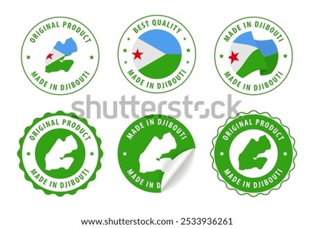 Made in Djibouti - set of stamps and stickers with map and flag. Best quality. Original product. Vector illustration.