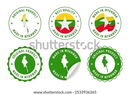 Made in Myanmar - set of stamps and stickers with map and flag. Best quality. Original product. Vector illustration.