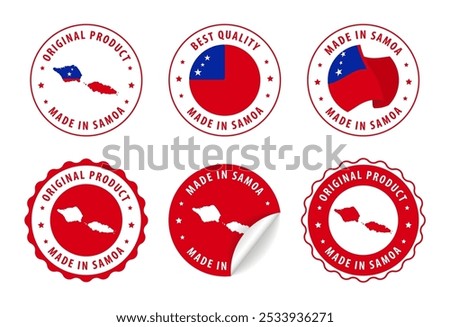 Made in Samoa - set of stamps and stickers with map and flag. Best quality. Original product. Vector illustration.