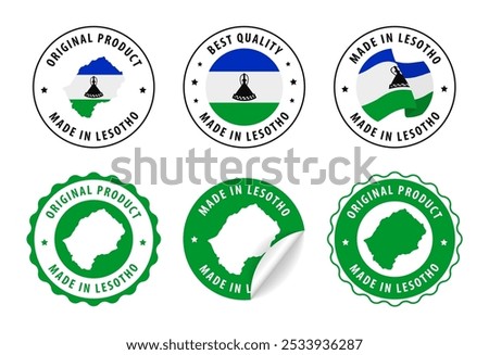 Made in Lesotho - set of stamps and stickers with map and flag. Best quality. Original product. Vector illustration.