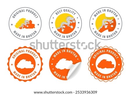 Made in Bhutan - set of stamps and stickers with map and flag. Best quality. Original product. Vector illustration.