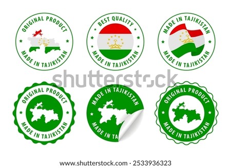 Made in Tajikistan - set of labels, stamps, badges, with the Tajikistan map and flag. Best quality. Original product. Vector illustration