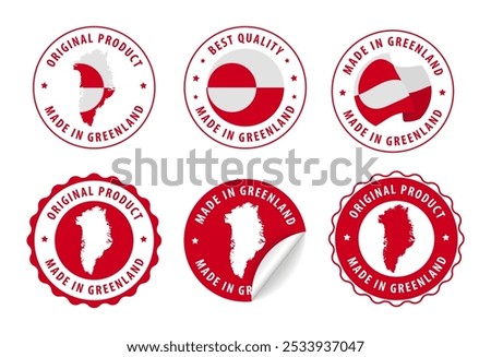 Made in Greenland - set of stamps and stickers with map and flag. Best quality. Original product. Vector illustration.